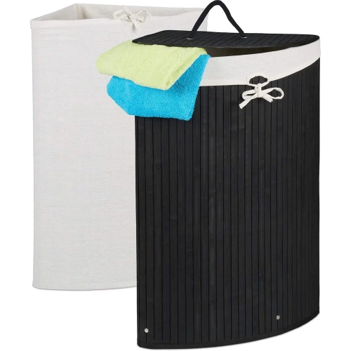Schwarzer Wäschekorb | Bambus-Spielzeugkiste | Holzwäschekorb | Einzelkorb für Wäsche im Badezimmer | Eckkorb | AYL-60L-BLACK
