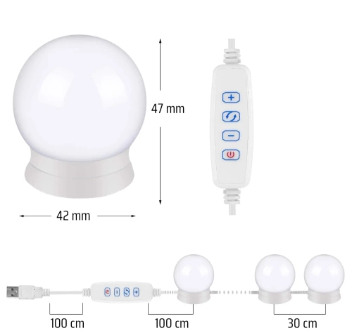 LED-Spiegelleuchte für Schminktisch | 10 Stück, 3 Lichtfarben, Helligkeitsregelung, USB-Kabel 2 m | HZJ-V10