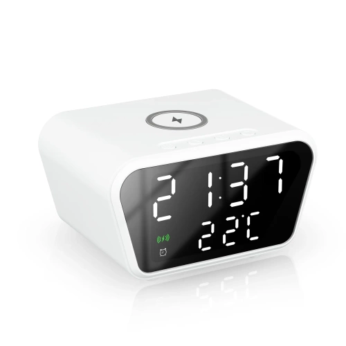 Intelligenter Wecker mit Qi 15 W kabelloser Ladefunktion | Wecker mit drei Alarmzeiten | Uhr mit Temperaturanzeige | SZ01-15W-W