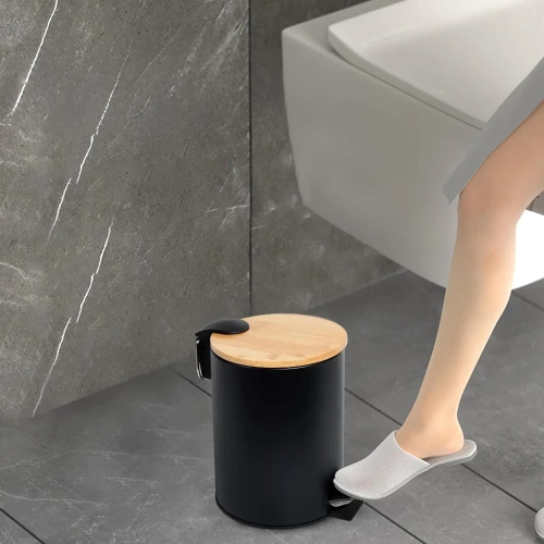 Badezimmer-Mülleimer | rund, Bambusdeckel, Pedal | 3 Liter, schwarz | GY-TB3L