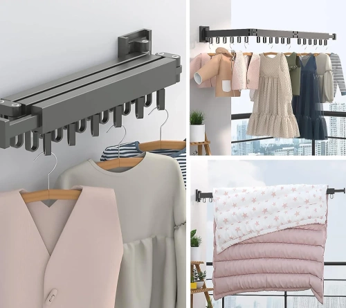 Kleiderständer ausziehbar | Wandmontage, klappbar, mit Haken | grau | LYJ-T90-GREY