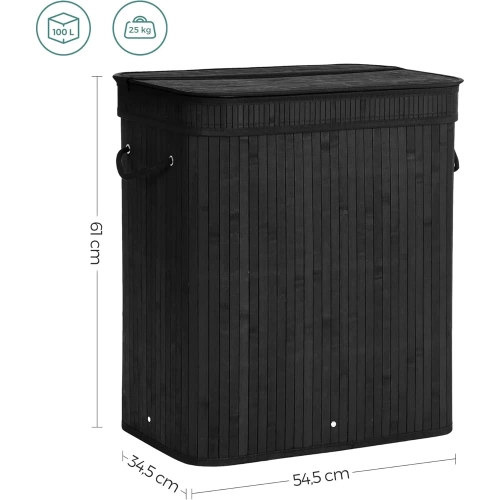 Schwarzer Wäschekorb | Bambus Spielzeugkiste | Holzwäschekorb | Zweifach Wäschekorb für das Badezimmer | RYL-100L-BLACK