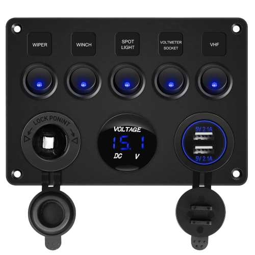 Bedienfeld 12V 24V IP65 mit USB | Bedienfeld mit beleuchteten Schaltern | Dual-USB-Ladegerät 2,1 A/5 V | 12V Zigarettenanzünderbuchse 