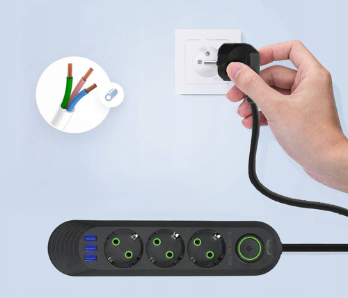 Steckdosenleiste 2 m | 3 Steckdosen + 3x USB | schwarz | LH-F03U