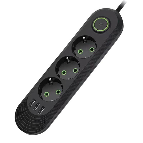 Steckdosenleiste 2 m | 3 Steckdosen + 3x USB | schwarz | LH-F03U