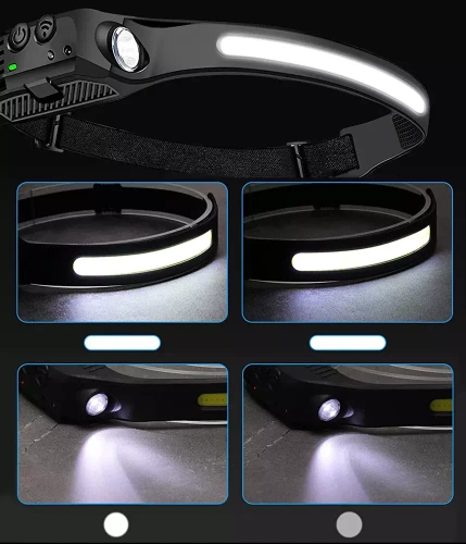 LED-Stirnlampe mit Bewegungssensor | 2 Lichtquellen: COB + XPE | 1.200 mAh, IPX4, 500 lm | HWL-006