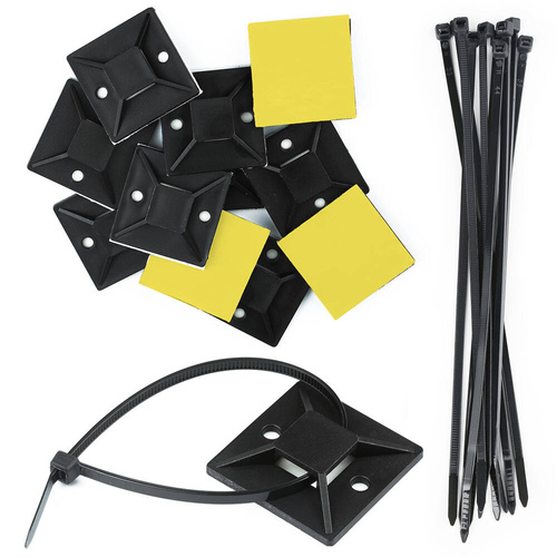 Kabel- und Leitungsorganizer Set | 10 Stück, mit Kabelbindern und Basis mit Schaumstoffklebeband, 40 mm | schwarz | KZ-D06-40MM