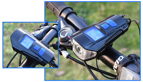 LED-Fahrrad-Frontleuchte | integrierte Hupe 120 dB | Fahrradcomputer-Funktion | 4 Leuchtmodi, 300 lm, 8 h Laufzeit, 1.500 mAh | BL063