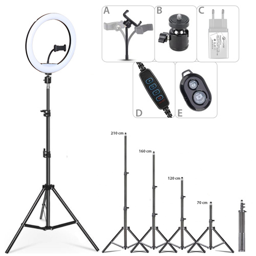 4-in-1 | Ringlicht 260 mm | Einstellbares Stativ 210 cm | Netzladegerät WA-001 | Bluetooth iOS / Android Fernbedienung | SENY 260T