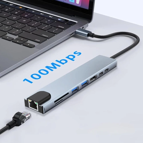 USB-C Hub mit 2x USB-A + 2x USB-C + SD + TF + HDMI + LAN | Adapter, Typ C 8-in-1 Splitter | HUB