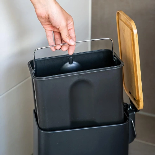 Badezimmer Mülleimer | rechteckig, Bambusdeckel, Pedal | 5 Liter, Schwarz | GY-TC5L