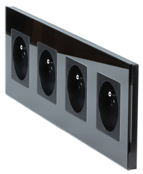 Vierfach-Rahmen-Set + 4x Schuko-Steckdose mit Erdung 230V | Gehärtetes Glas | Schwarz | SC80-4