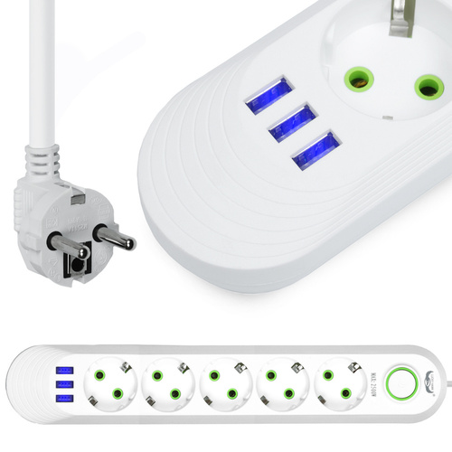 Steckdosenleiste 5 m | 5 Steckdosen + 3x USB | weiß | LH-F05U