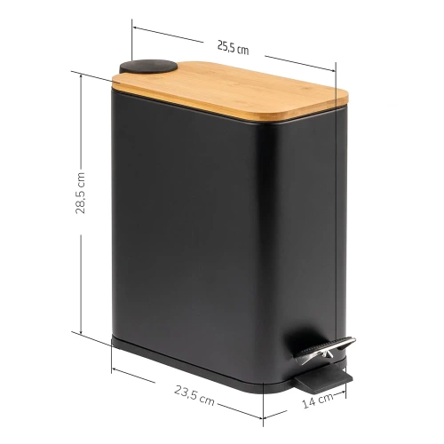 Badezimmer Mülleimer | rechteckig, Bambusdeckel, Pedal | 5 Liter, Schwarz | GY-TC5L