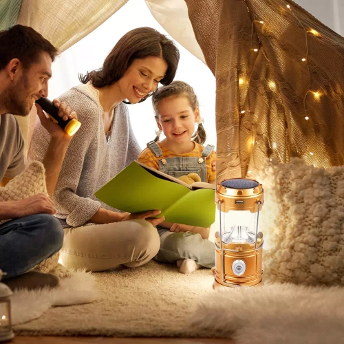 Solar Camping LED-Laterne, Reiselampe mit Powerbank-Funktion | Gold | HWL-001-EU
