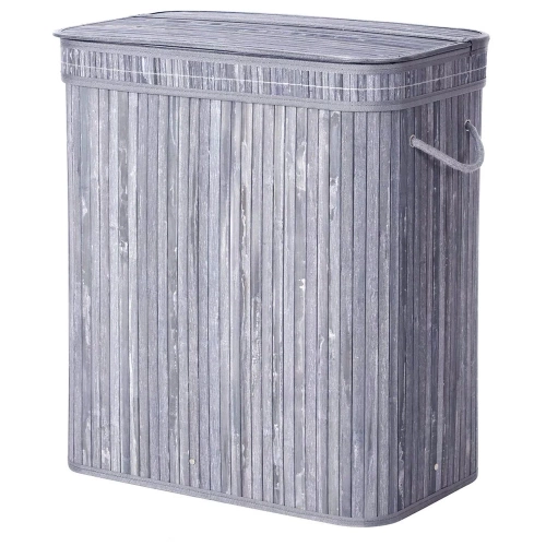 Grauer Wäschekorb | Bambus-Spielzeugkiste | Holzwäschekorb | Zweikammer-Wäschesammler für das Badezimmer | RYL-100L-GREY