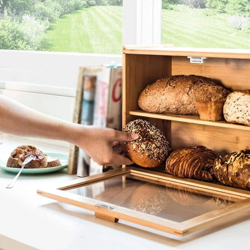 Brotkasten aus Bambus mit Ablage | großer Brotkasten für Brot und Brötchen | FC-B317