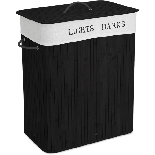 Schwarzer Wäschekorb | Bambus Spielzeugkiste | Holz Wäschekorb | Zwei-Kammer Wäschesammler für das Badezimmer | ZYL-100L-BLACK
