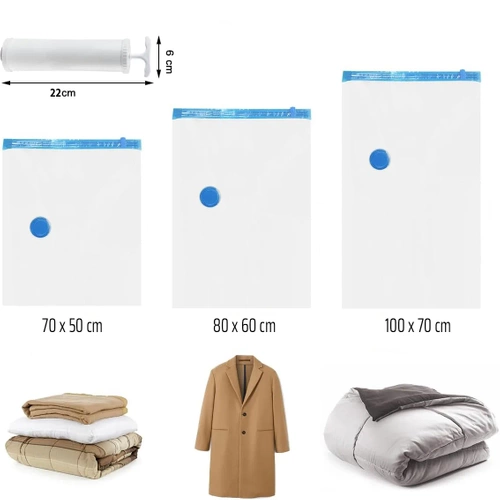 Vakuumbeutel zur Aufbewahrung von Kleidung und Bettwäsche | Aufbewahrungsset mit Pumpe | VCB-10in1-WHITE