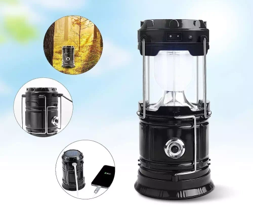 LED-Campinglampe mit Solarbetrieb, Taschenlampe mit Powerbank-Funktion | schwarz | HWL-001-EU