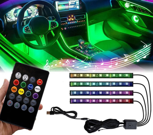 RGB-LED-Autoinnenbeleuchtung über USB | Bluetooth-Verbindung mit der Anwendung auf dem Telefon | 4x LED-Streifen 9 Dioden 5050 15cm | IR-Fernbedienung | Musikmodi