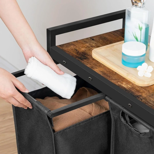 Wäschekorb mit Regal | Doppelfach-Wäschekorb | Wäschekorb mit Rollen | MZ-B20-BLACK