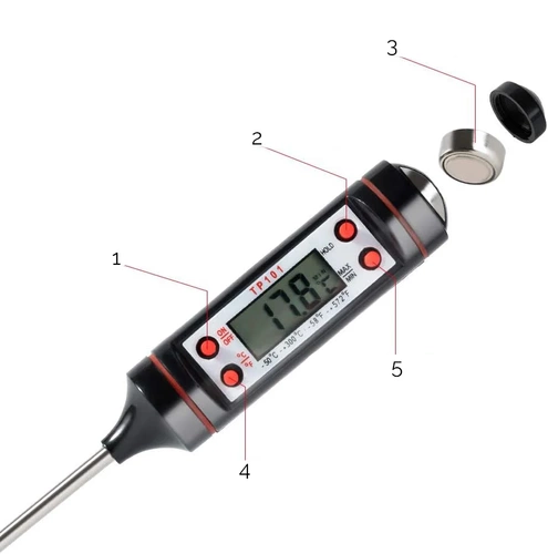 Digitales Küchenthermometer | Thermometer mit Sonde | Gerät zur Überprüfung der Temperatur von Speisen | TP-101-SCHWARZ