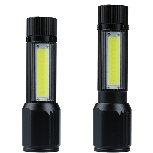 Kleine taktische LED-Taschenlampe XPE Q5 CREE + COB aus Aluminium | Zoom-Funktion, eingebauter Akku, Micro-USB, Etui | 800lm, 3 Leuchtmodi | TL-502