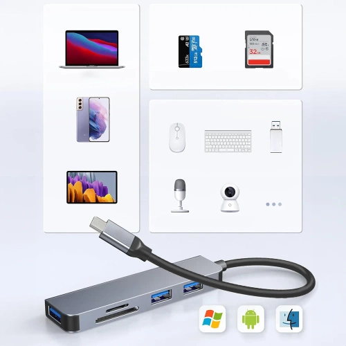 USB-C Hub mit 3x USB + SD + TF Kartenleser | Typ C 5-in-1 Adapter, Splitter | HUB