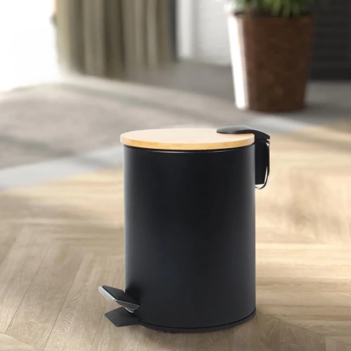 Badezimmer-Mülleimer | rund, Bambusdeckel, Pedal | 3 Liter, schwarz | GY-TB3L