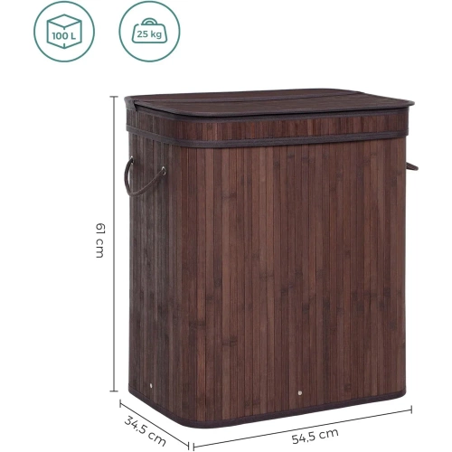 Brauner Wäschekorb | Bambus-Spielzeugkiste | Holzwäschekorb | Zweikammer-Wäschekorb für das Badezimmer | RYL-100L-DABR