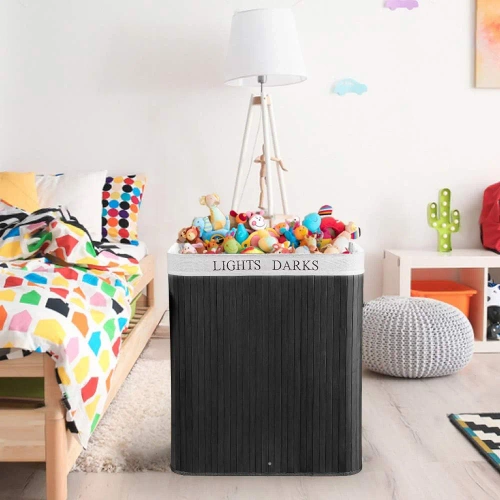 Schwarzer Wäschekorb | Bambus Spielzeugkiste | Holz Wäschekorb | Zwei-Kammer Wäschesammler für das Badezimmer | ZYL-100L-BLACK