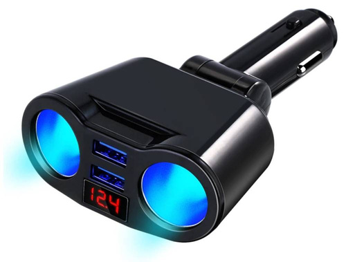 Zigarettenanzünder-Steckdose-Verteiler mit 2 USB-Anschlüssen 3.1A | Voltmeter | C10