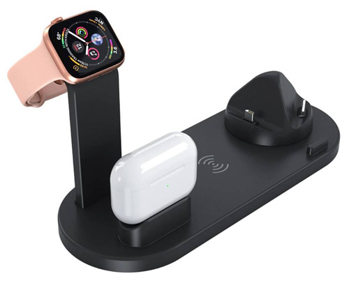 Wireless Dockingstation QI für Apple iPhone Airpods Watch | kabelloses Ladegerät 15W | 3 Stecker - USB-C / Lightning / Micro USB | WD-02