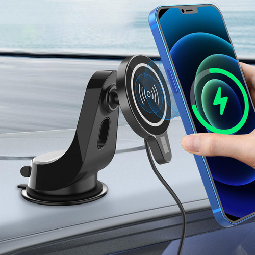 Magnetische Kfz-Halterung mit Induktionsladegerät | Qi, MagSafe, 15 W | für Windschutzscheibe oder Armaturenbrett | WH-10D