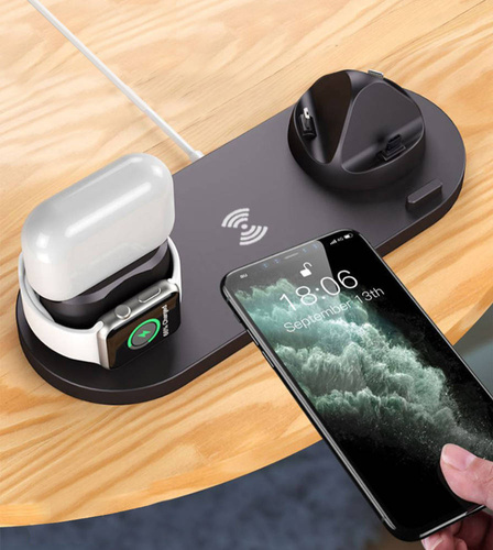 Qi-Dockingstation für Apple iPhone Airpods Watch | kabelloses Ladegerät 15W | 3 Stecker - USB-C / Lightning / Micro USB | WD-01