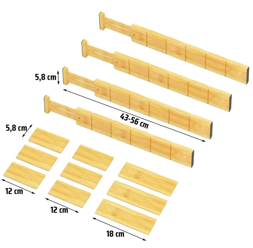 Möbel-Organizer für Schubladen | Verstellbare Facheinteilungen | Bambus-Trenner mit 9 Einsätzen | KBT-W566