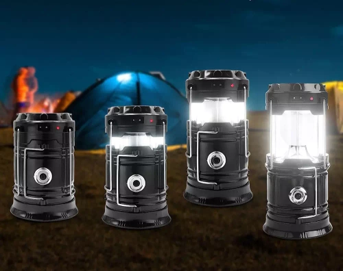 LED-Campinglampe mit Solarbetrieb, Taschenlampe mit Powerbank-Funktion | schwarz | HWL-001-EU