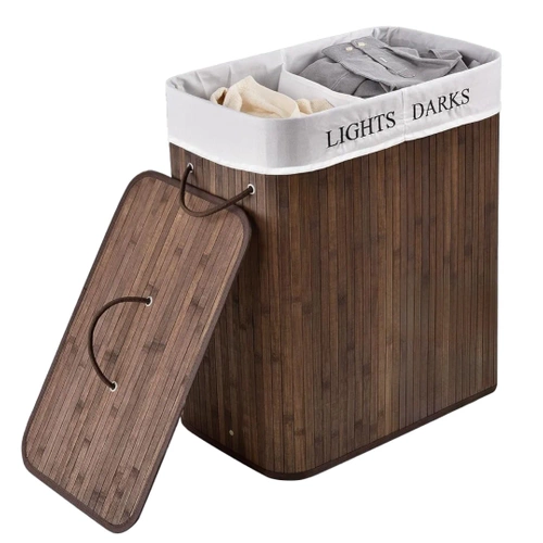 Wäschekorb | 100 l | zweigeteilt, aus Bambus und Holz, geeignet als Spielzeugbox oder Wäschesammler für Bad | braun | ZYL-100L-DABR