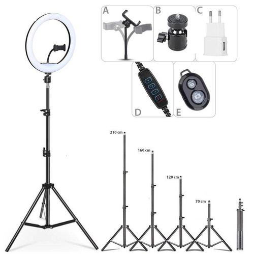 4-in-1 | Ringlicht 260 mm | Einstellbares Stativ 210 cm | Netzladegerät WA-001 | Bluetooth iOS / Android Fernbedienung | SENY 260T