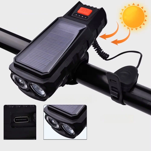 Solar Fahrradlicht mit Hupe 130 dB | LED-Beleuchtung 400 lm | Wasserdichtes Fahrradlicht | QX-LY-17-2 
