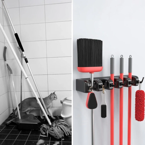 Halter für Wischmopps, Rechen und Bürsten mit Haken | 5 Plätze + Haken | SL-005H