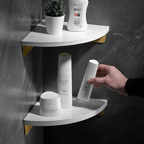 Eckregal für Badezimmer | Marmorablage für Kosmetik | weiß | TBD-211-WHITE-MRBL