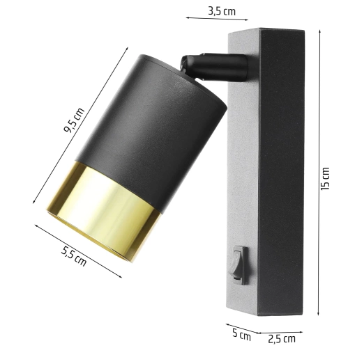 Schwarze Wandlampe | Wandleuchte mit beweglichem Reflektor | Reflektor mit GU10-Gewinde | Nachtlicht mit Schalter | BD-C278-B+G