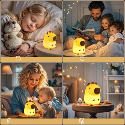 Silikon LED Nachtlicht Capybara | Tragbare Kinderlampe 8 Beleuchtungsmodi mit Timer | Nachtlicht mit warmem Licht 3000K | DS-CPBR-01