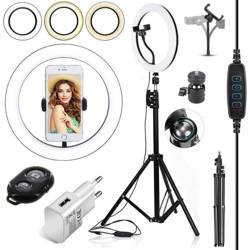 LED-Ringlicht 4in1 | 260 mm | höhenverstellbares Stativ 210 cm | Netzladegerät WA-001 | Bluetooth-Fernbedienung iOS / Android | SENY 260T