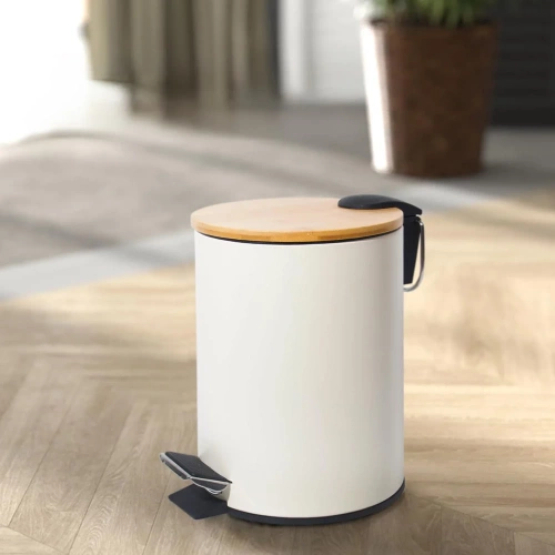 Badezimmer Abfalleimer | rund, Bambusdeckel, Pedal, 3 l | weiß | GY-TB3L