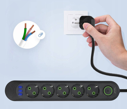 Steckdosenleiste 5 m | 5 Steckdosen + 3x USB | schwarz | LH-F05U