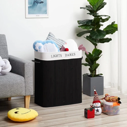 Schwarzer Wäschekorb | Bambus Spielzeugkiste | Holz Wäschekorb | Zwei-Kammer Wäschesammler für das Badezimmer | ZYL-100L-BLACK