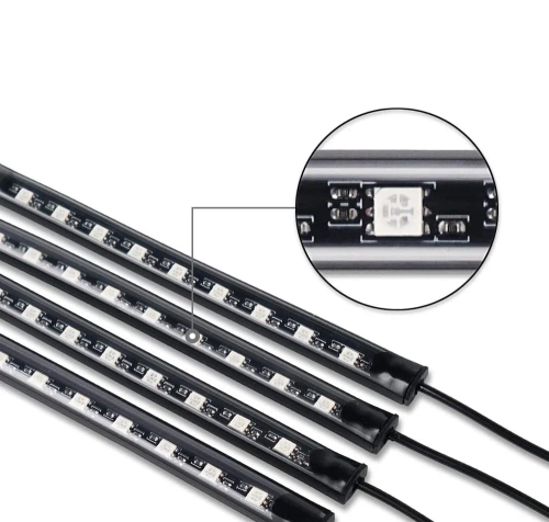 RGB-LED-Autoinnenbeleuchtung über USB | Bluetooth-Verbindung mit der Anwendung auf dem Telefon | 4x LED-Streifen 12 Dioden 5050 22cm | IR-Fernbedienung | Musikmodi 